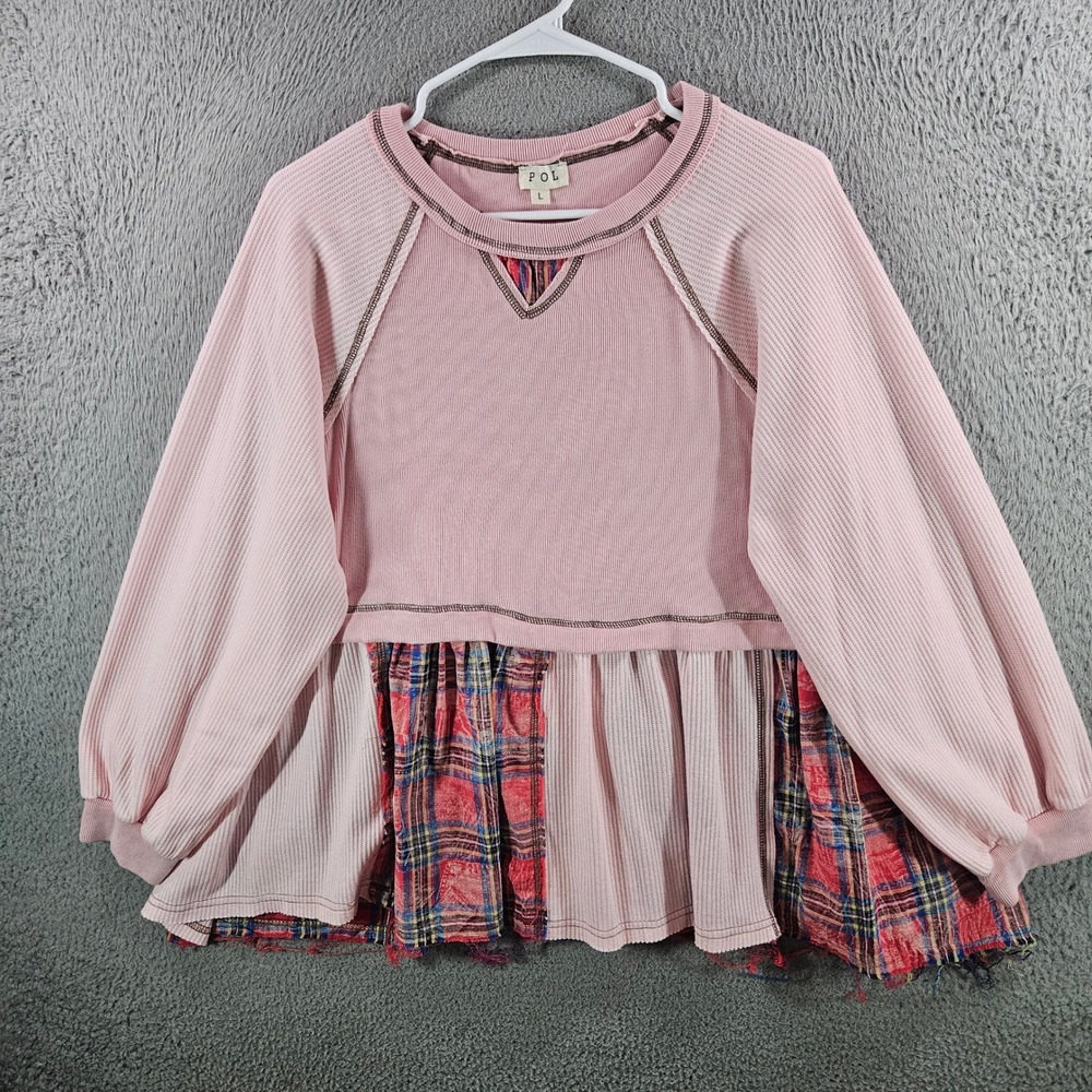 POL Pink Waffle Knit Plaid Mixed Media Peplum Top Womens Large